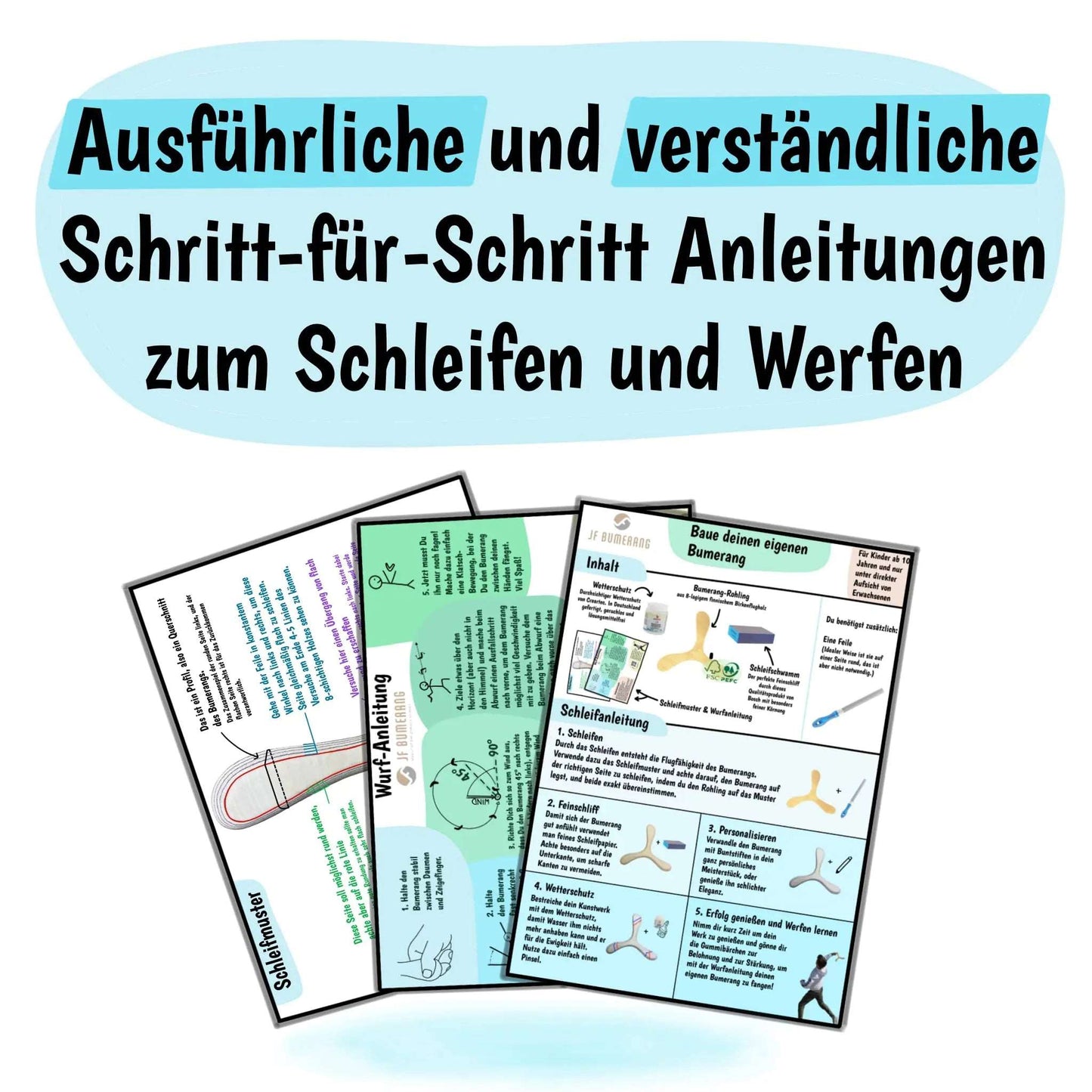 JF BUMERANG - Selbstbauset - Hinweis, dass diverse Anleitungen zum Boomerang Werfen und Bauen mitgesendet werden