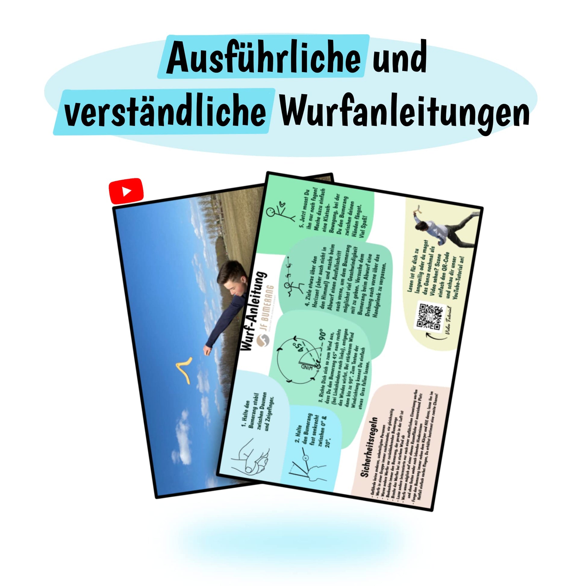 JF Bumerang - Bild mit dem Hinweis, das ausführliche Wurfanleitungen beiliegen und es auch ein Youtube Video als Tutorial gibt.