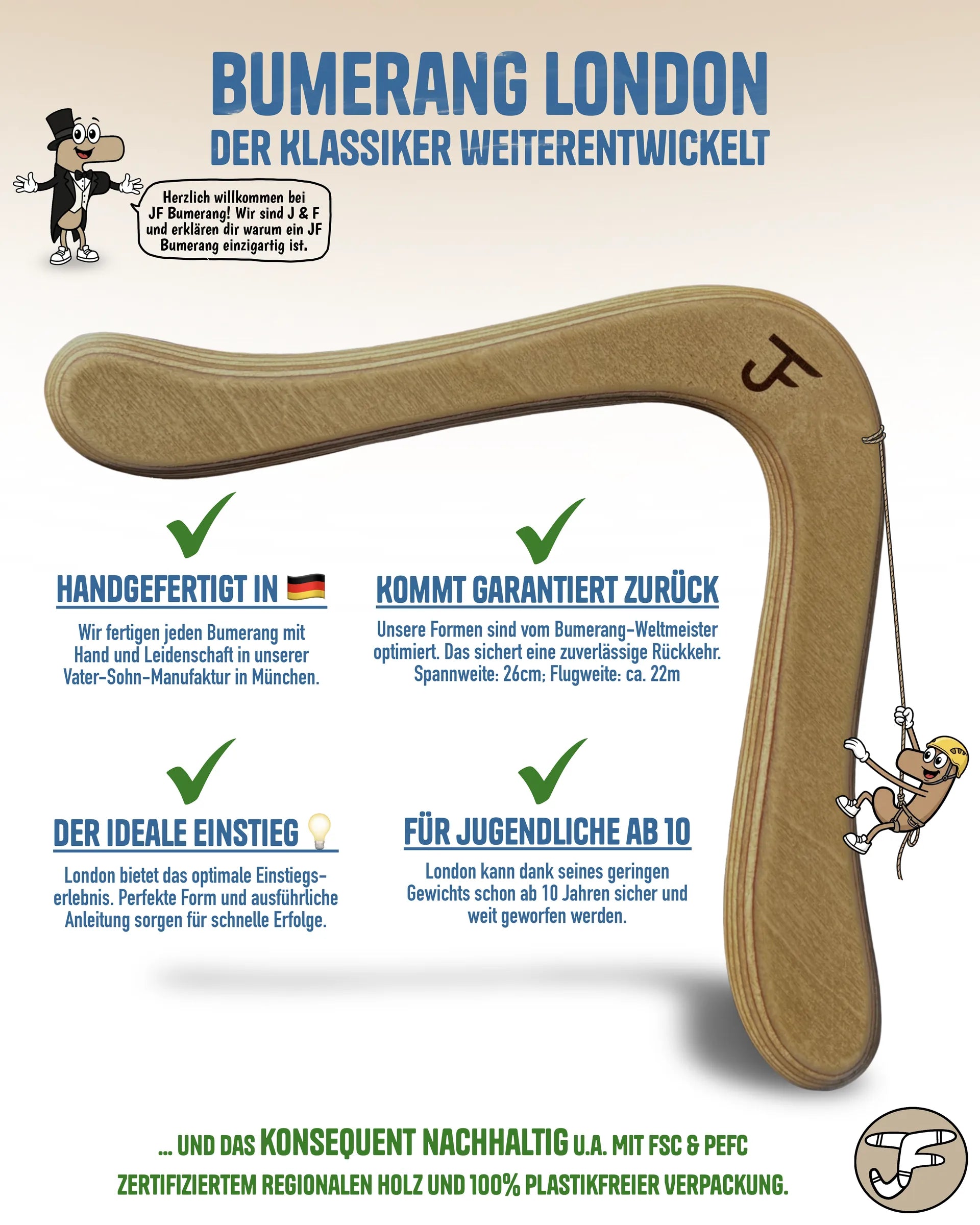 Handgefertigter Holz-Bumerang London, Vater-Sohn-Manufaktur JF Bumerang