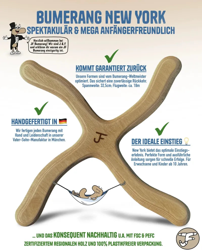 Handgefertigter Holz-Bumerang New York, Vater-Sohn-Manufaktur JF Bumerang