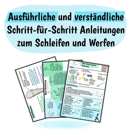 JF BUMERANG - Selbstbauset - Hinweis, dass diverse Anleitungen zum Boomerang Werfen und Bauen mitgesendet werden