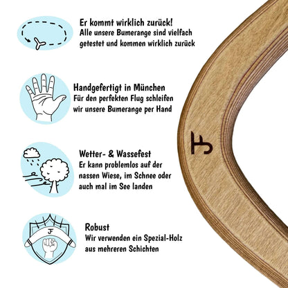 JF BUMERANG - Modell SYDNEY - Bild, welches die Eigenschaften des Bumerangs beschreibt - Rechtshänder - Holz Boomerang - Handgefertigter Bumerang aus der Vater-Sohn Manufaktur JF Bumerang.