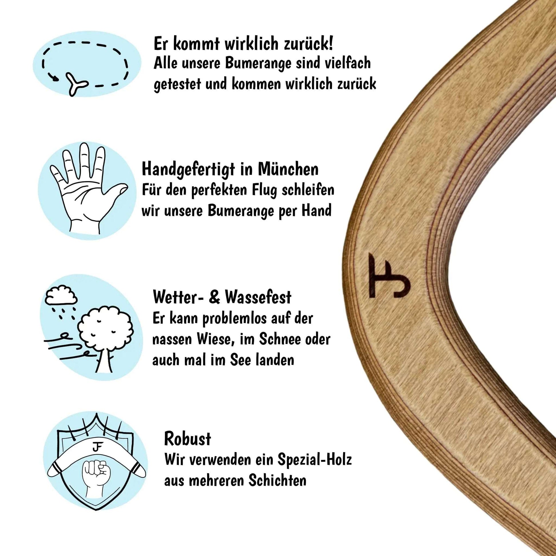 JF BUMERANG - Modell SYDNEY - Bild, welches die Eigenschaften des Bumerangs beschreibt - Rechtshänder - Holz Boomerang - Handgefertigter Bumerang aus der Vater-Sohn Manufaktur JF Bumerang.