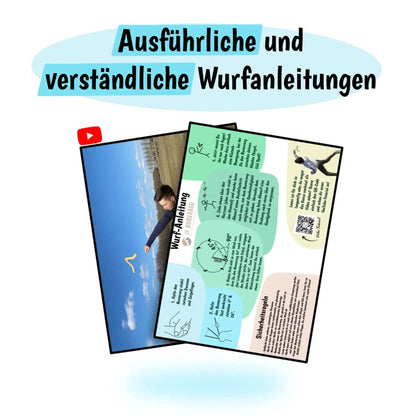 JF Bumerang - Bild mit dem Hinweis, das ausführliche Wurfanleitungen beiliegen und es auch ein Youtube Video als Tutorial gibt.